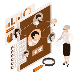 Recruteurs, libérez votre temps avec une plateforme de recrutement ultra-ciblée Illustration d'une recruteuse devant des profils de candidats