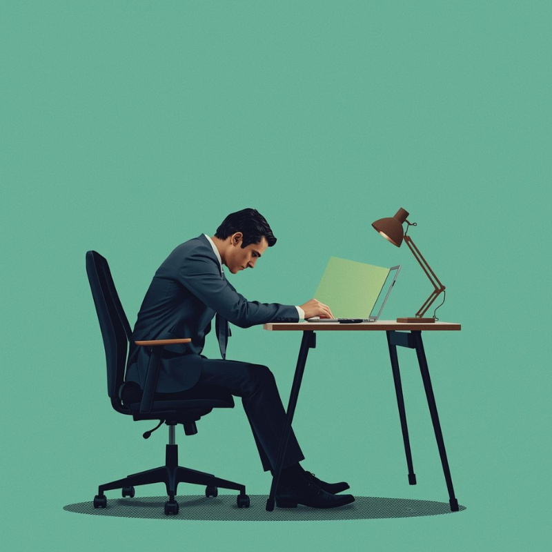Illustration au style rétro et épuré montrant un homme en costume sombre et cravate, assis de profil sur une chaise de bureau. Le dos voûté et la tête baissée, il tape sur un ordinateur portable posé sur une petite table éclairée par une lampe d'architecte, le tout sur un fond uni vert d'eau qui accentue son isolement.