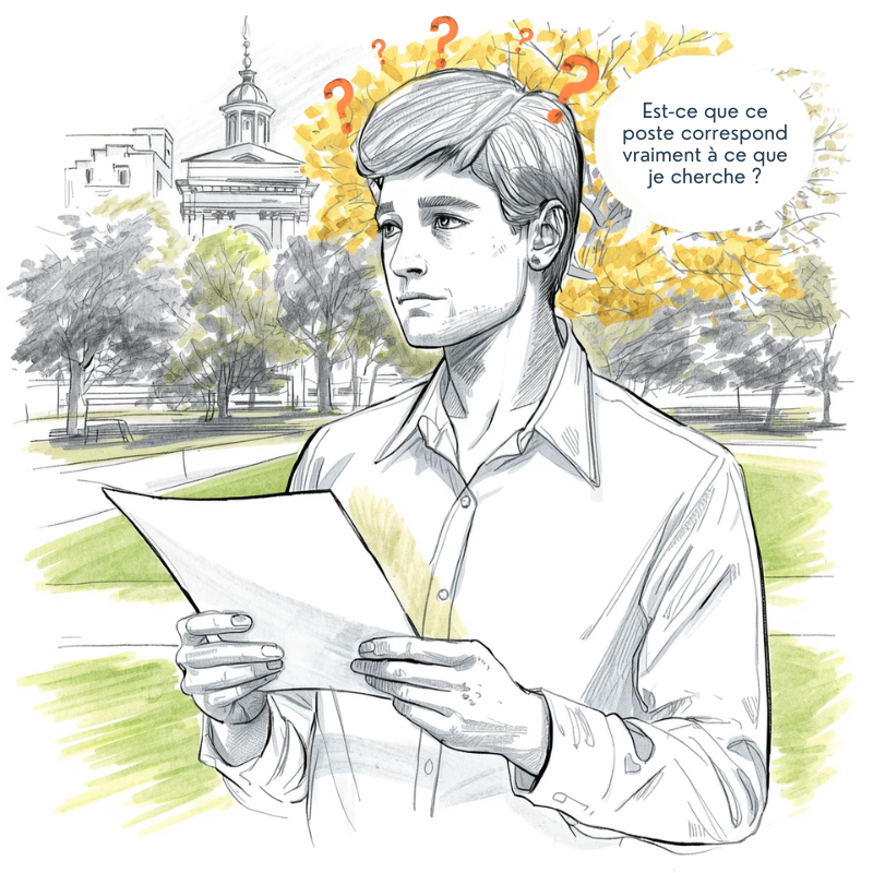 Illustration au crayon rehaussée de couleurs douces montrant un jeune homme en chemise, debout dans un parc arboré devant un bâtiment à dôme. Il tient une feuille entre ses mains, le regard songeur, tandis que des points d'interrogation orange flottent au-dessus de sa tête. Une bulle de pensée affiche : « Est-ce que ce poste correspond vraiment à ce que je cherche ? »