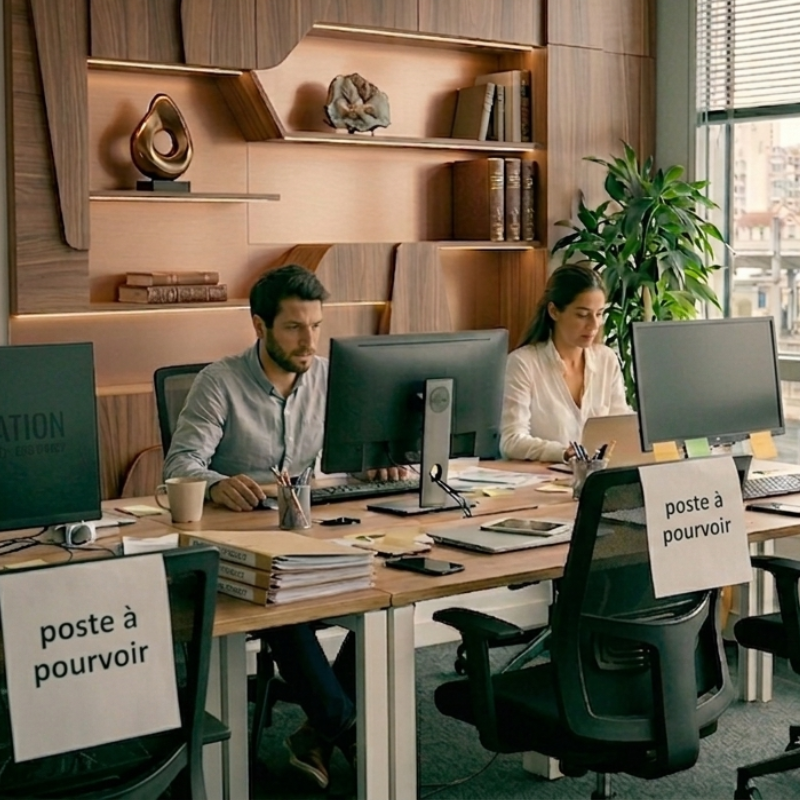 Un homme et une femme concentrés sur leurs écrans dans un bureau élégant aux étagères en bois, avec des dossiers empilés sur la table. Autour d'eux, plusieurs postes de travail sont inoccupés, et des feuilles « poste à pourvoir » sont accrochées sur les dossiers des chaises vides, illustrant une équipe en sous-effectif.